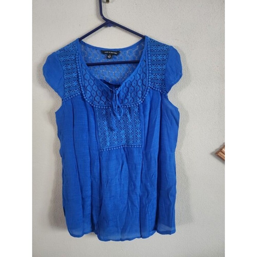 Zac & Rachel Small Royal Blue Crochet Lace Cap Sleeve Boho Peasant Blouse EUC
